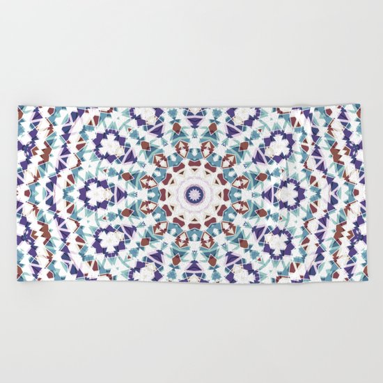 White, brown , blue kaleidoscope . Beach Towel