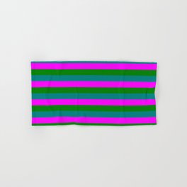 [ Thumbnail: Fuchsia, Green & Teal Striped Pattern Hand & Bath Towel ]