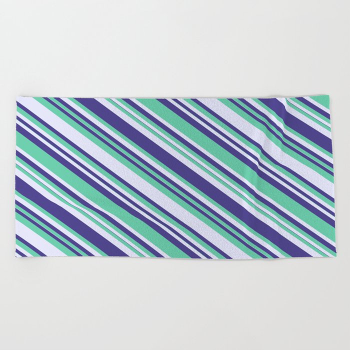 Aquamarine, Lavender & Dark Slate Blue Colored Lined/Striped Pattern Beach Towel