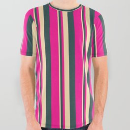 [ Thumbnail: Beige, Dark Slate Gray, and Deep Pink Colored Stripes/Lines Pattern All Over Graphic Tee ]