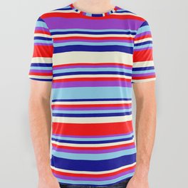 [ Thumbnail: Eye-catching Beige, Red, Dark Orchid, Sky Blue, and Dark Blue Colored Stripes/Lines Pattern All Over Graphic Tee ]