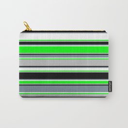 [ Thumbnail: Vibrant Lime, Grey, Black, Light Slate Gray & White Colored Pattern of Stripes Carry-All Pouch ]