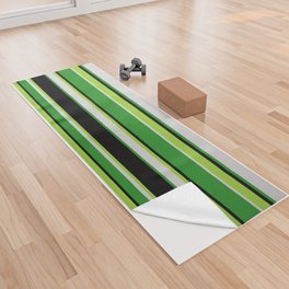 [ Thumbnail: Green, Light Gray, Forest Green, and Black Colored Stripes Pattern Yoga Towel ]