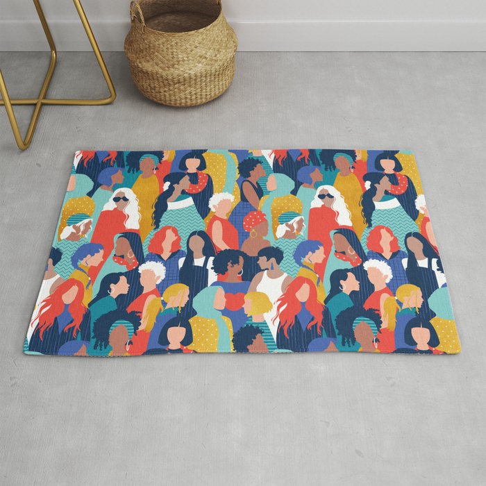 Every day we glow International Women's Day // midnight navy blue background teal, mint, electric blue neon orange red and gold humans  Rug