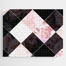 Botanical Pink Black Gray Geometrical Argyle Diamond Roses Pattern Jigsaw Puzzle