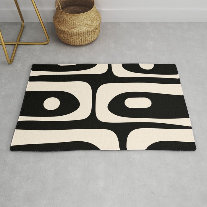 Mid Century Modern Piquet Abstract Pattern in Black and Almond Cream Rug