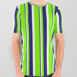 [ Thumbnail: Chartreuse, White & Midnight Blue Colored Stripes Pattern All Over Graphic Tee ]