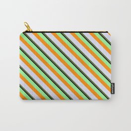 [ Thumbnail: Colorful Green, Dark Orange, Lavender, Dark Olive Green, and Black Colored Lined Pattern Carry-All Pouch ]
