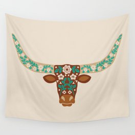 Floral Longhorn – Brown and Turquoise Wall Tapestry