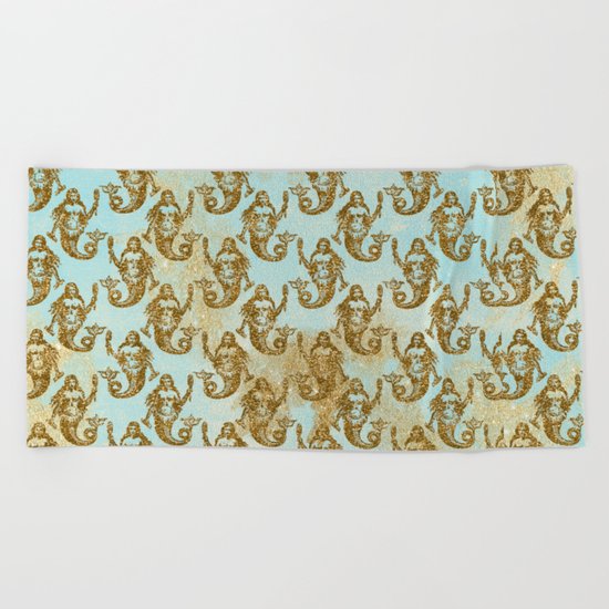 Mermaids- Mermaid Gold Glitter pattern on aqua background Beach Towel