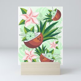 Lime in Coconut with Pink Plumeria Flowers Tropical Summer Pattern Mini Art Print