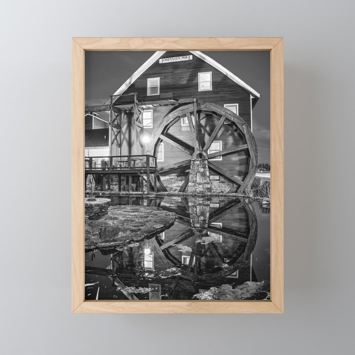 The Johnson Mill At Dusk - Black and White Framed Mini Art Print