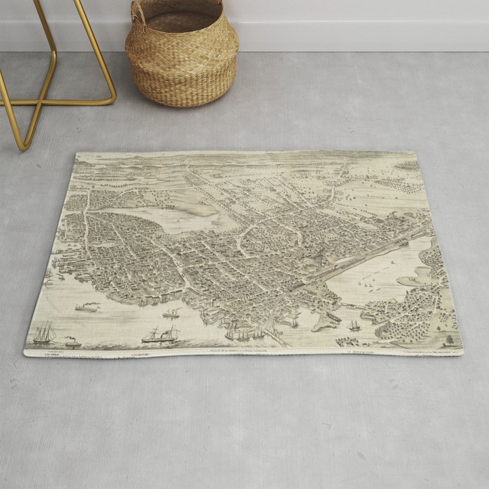 Vintage Pictorial Map of Portsmouth NH (1877) Rug by BravuraMedia