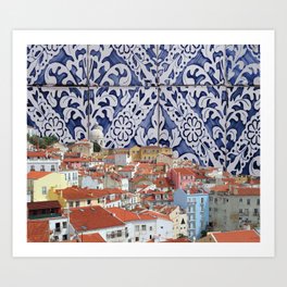 Lisbon City Portuguese Tiles Montage - Azulejo Blue and White Floral Leaf Design  Art Print