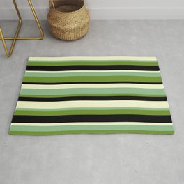 [ Thumbnail: Dark Sea Green, Green, Black & Light Yellow Colored Striped/Lined Pattern Rug ]