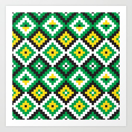 Aztec pattern - green, yellow, black, white Art Print