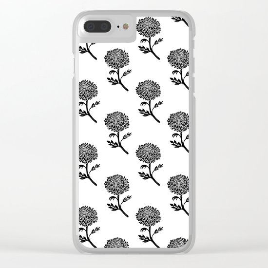 Linocut chrysanthemum floral flowers black and white scandi scandinavian Clear iPhone Case