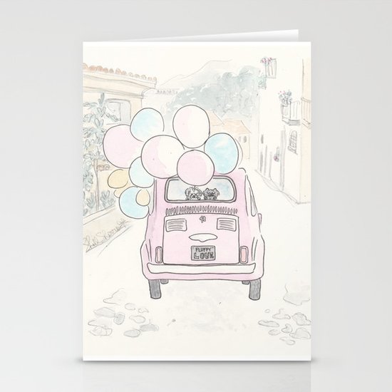 Pink Vintage Car with Balloons in Countryside and Fluffballs Stationery Cards