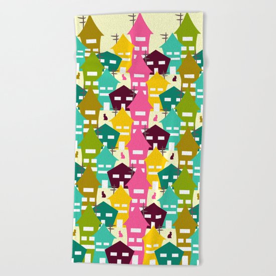 Colorful houses and cats Beach Towel
