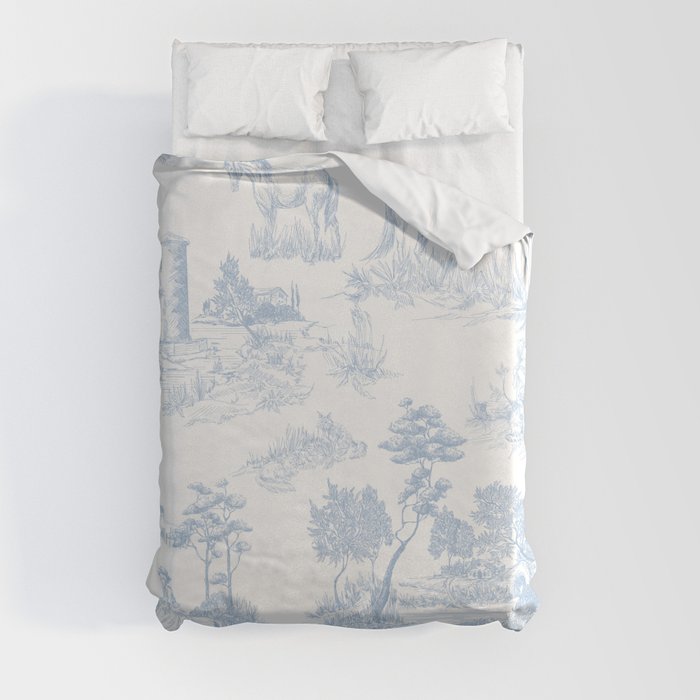 Toile de Jouy Vintage French Soft Baby Blue White Pastoral Pattern Duvet Cover