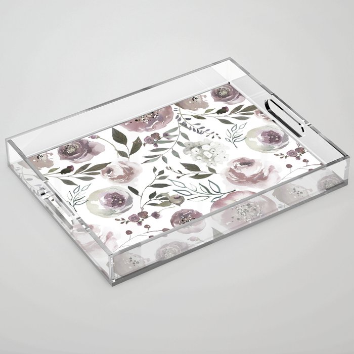 dusty rose floral watercolor Acrylic Tray