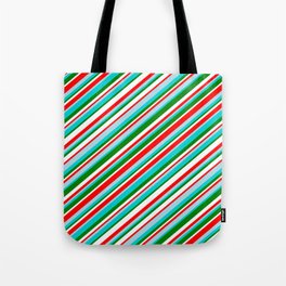 [ Thumbnail: Vibrant Red, Light Blue, Dark Turquoise, Green & White Colored Striped Pattern Tote Bag ]