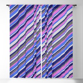 [ Thumbnail: Orchid, Royal Blue, Light Gray, Midnight Blue & Dim Gray Colored Lined Pattern Blackout Curtain ]
