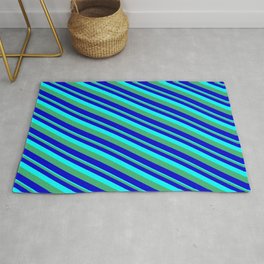[ Thumbnail: Aqua, Sea Green & Blue Colored Striped/Lined Pattern Rug ]