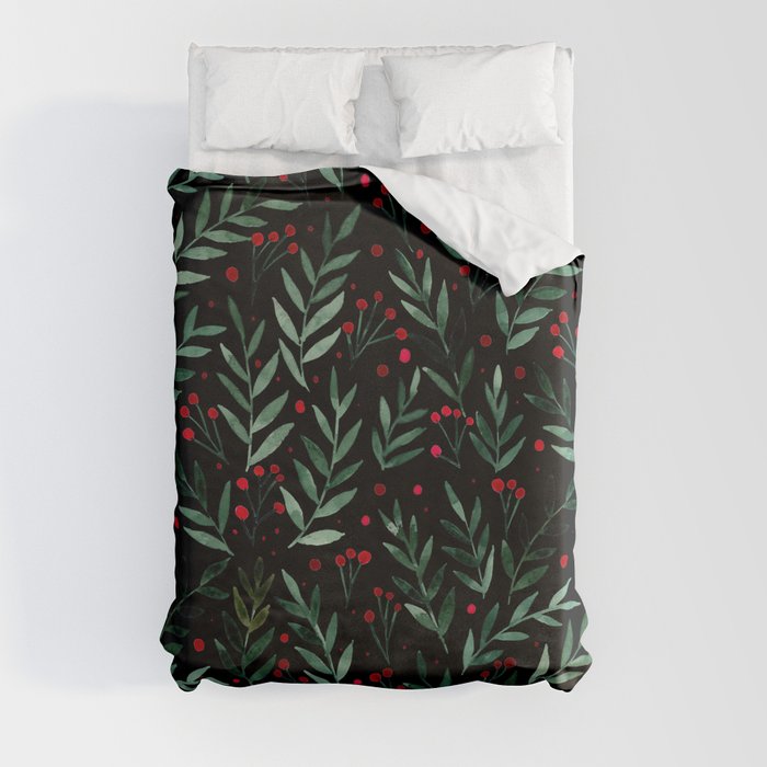 Festive watercolor branches - black, red and green Duvet Cover
