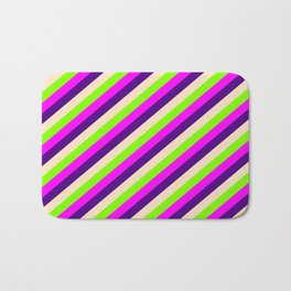 [ Thumbnail: Chartreuse, Fuchsia, Indigo & Bisque Colored Lined/Striped Pattern Bath Mat ]