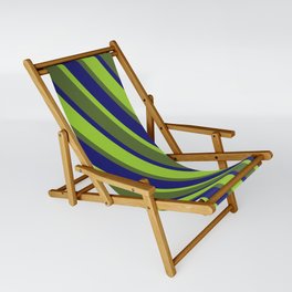 [ Thumbnail: Green, Dark Olive Green, and Midnight Blue Colored Pattern of Stripes Sling Chair ]