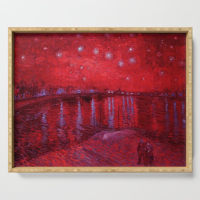 Starry Night Over the Rhone landscape painting by Vincent van Gogh in alternate crimson red with purple stars Serving Tray