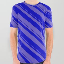 [ Thumbnail: Slate Blue and Blue Colored Stripes/Lines Pattern All Over Graphic Tee ]