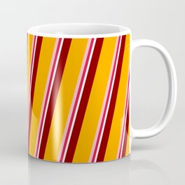 [ Thumbnail: Colorful Maroon, Orange, Light Pink, Crimson, and White Colored Lines/Stripes Pattern Coffee Mug ]