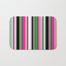 [ Thumbnail: Eyecatching Grey, Forest Green, Mint Cream, Deep Pink, and Black Colored Pattern of Stripes Bath Mat ]
