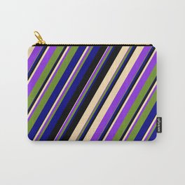 [ Thumbnail: Colorful Black, Beige, Purple, Green, and Blue Colored Pattern of Stripes Carry-All Pouch ]