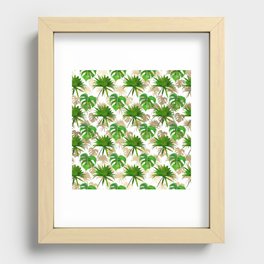Tropical green gold watercolor palm tree monstera leaves  Recessed Framed Print