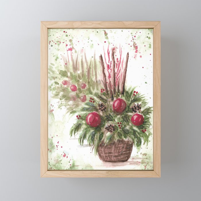 Christmas Evergreen Planter, Watercolour Framed Mini Art Print