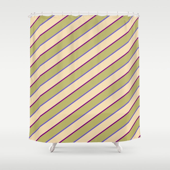 Dark Khaki, Slate Blue, Tan & Purple Colored Striped/Lined Pattern Shower Curtain