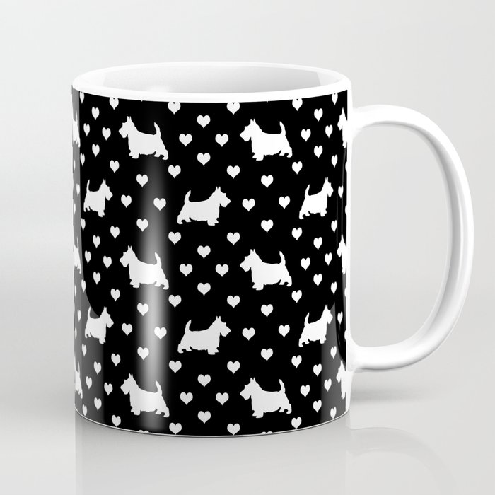 Cute White Scottish Terriers (Scottie Dogs) & Hearts on Black Background Coffee Mug