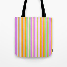 [ Thumbnail: Light Green, Orange, Lavender, and Violet Colored Striped/Lined Pattern Tote Bag ]