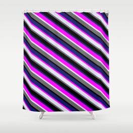 [ Thumbnail: Vibrant Midnight Blue, Fuchsia, Lavender, Dim Gray, and Black Colored Striped/Lined Pattern Shower Curtain ]