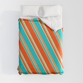 [ Thumbnail: Pale Goldenrod, Dark Turquoise, Brown, and Red Colored Lines/Stripes Pattern Duvet Cover ]