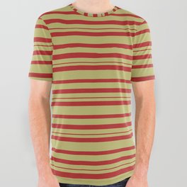 [ Thumbnail: Dark Khaki and Red Colored Stripes Pattern All Over Graphic Tee ]