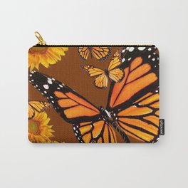 MONARCH BUTTERFLIES & GOLDEN SUNFLOWERS ON COFFEE BROWN Carry-All Pouch