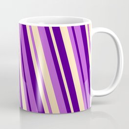 [ Thumbnail: Beige, Indigo & Orchid Colored Lines Pattern Coffee Mug ]