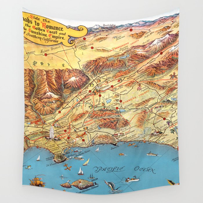 1950 Vintage Map of Ride the Golden Coast. Los Angeles, San Diego. Wall Tapestry by ginneko 