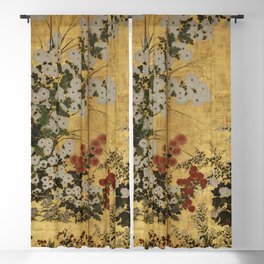 White Red Chrysanthemums Floral Japanese Gold Screen Blackout Curtain