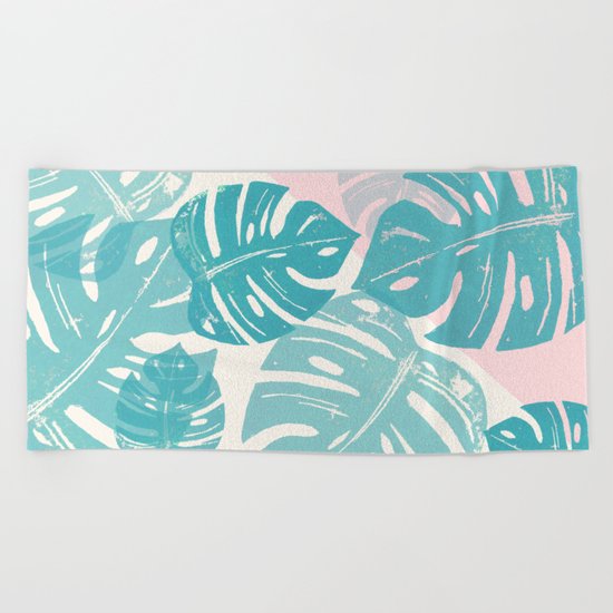 Linocut Monstera Rosy Beach Towel