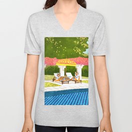 Tiger Vacay, Luxury Villa Wildlife Quirky Exotic Tropical Architecture Wild Travel Illustration V Neck T Shirt
